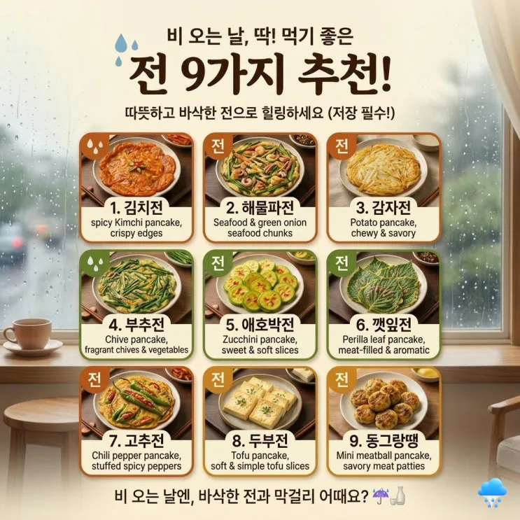 비 오는 날 전 레시피 9가지 — 황금비율 한 장에 저장하세요