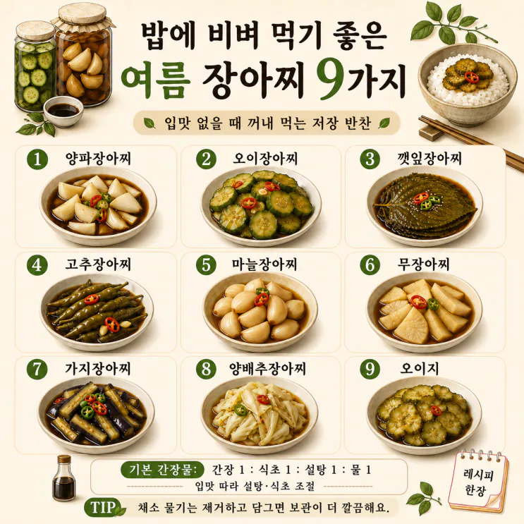 밥에 비벼 먹기 좋은 "여름 장아찌 9가지" (기본 간장물 한 줄)
