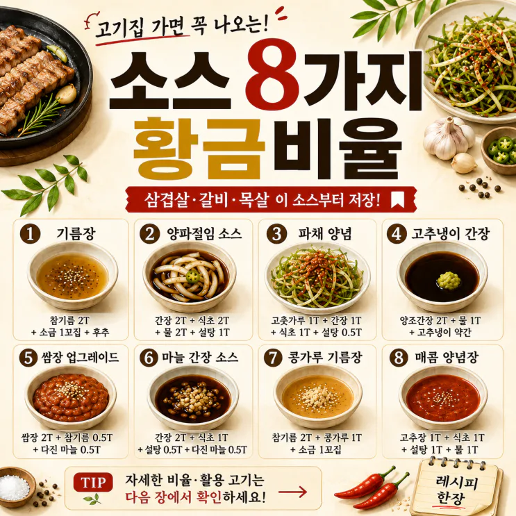 고기집 소스 황금비율 8가지삼겹살부터 곱창까지 (저장용)