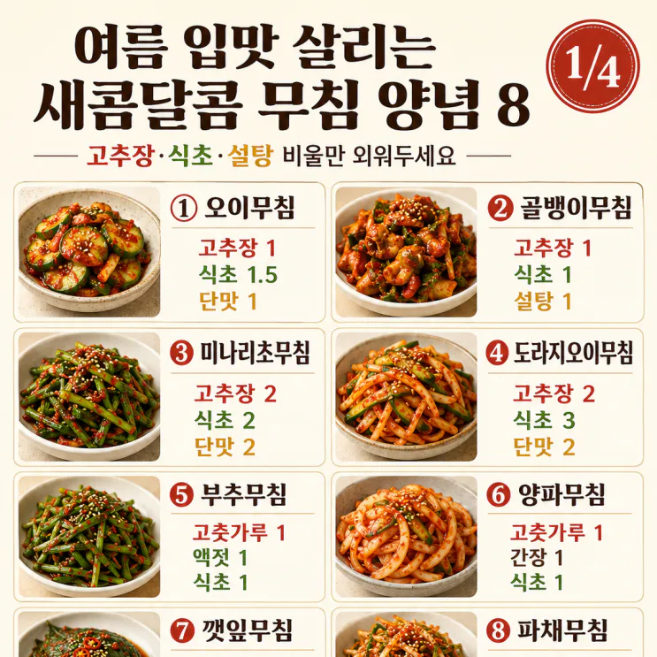 무침 양념 황금비율 8가지, 고추장·식초·설탕만 외우면 끝 (저장용)