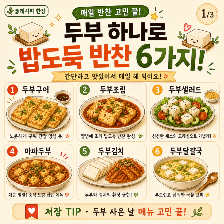 두부 한 모로 만드는 오늘 한 끼 BEST 6 (양념·보관까지)