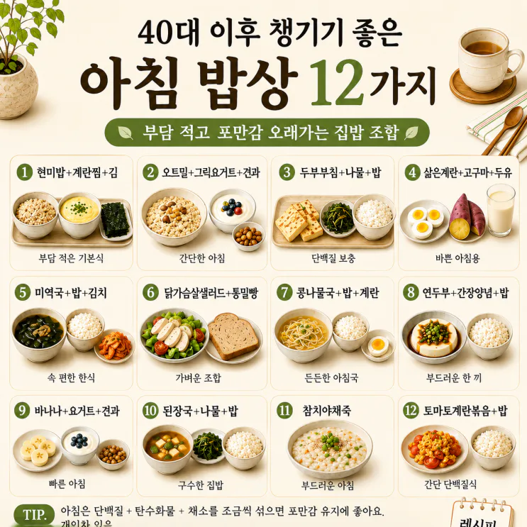 40대 아침 식단, 부담 적고 포만감 오래가는 밥상 12가지