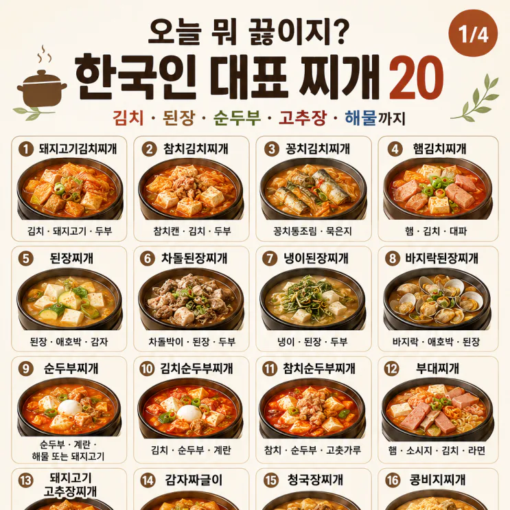 한국인 대표 찌개 종류 20가지, 오늘 뭐 끓일지 이 표면 끝(저장용)