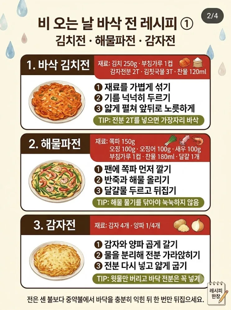 비 오는 날 전 레시피 9가지 — 황금비율 한 장에 저장하세요