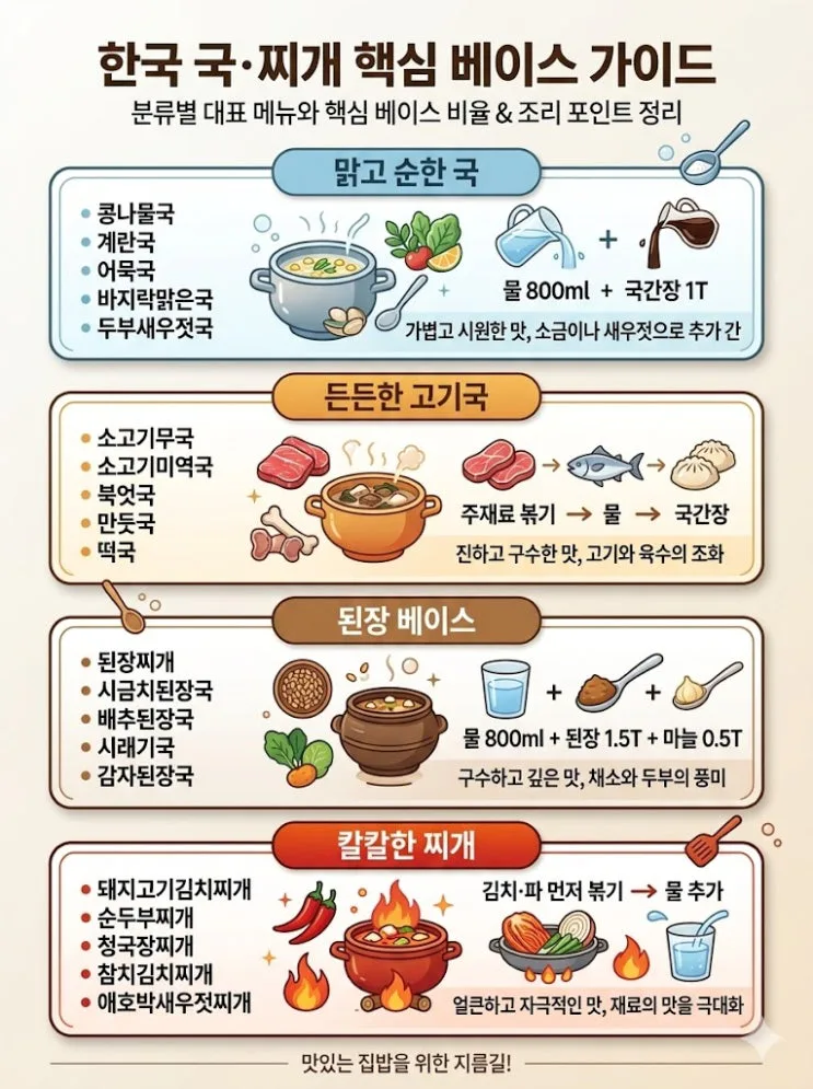 집에서 바로 끓이는 대표 국거리 20가지 — 맑은국부터 찌개까지 비율 한 번에