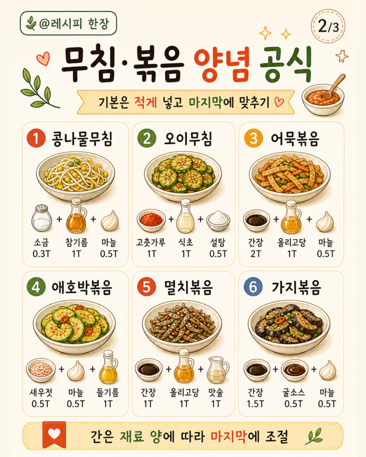 반찬 양념 황금비율 12가지, 무침·볶음·조림 한 번에 (저장용)