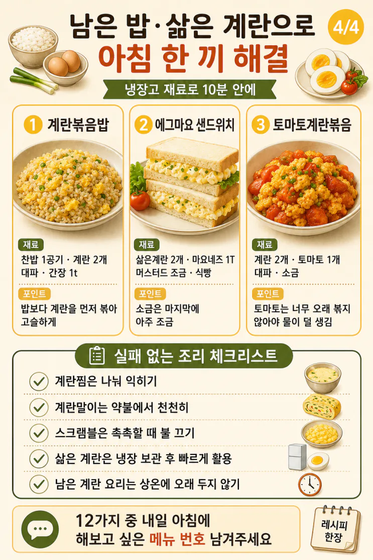 아침 계란 요리 12가지, 계란 2개면 5분 한 끼 (저장용)