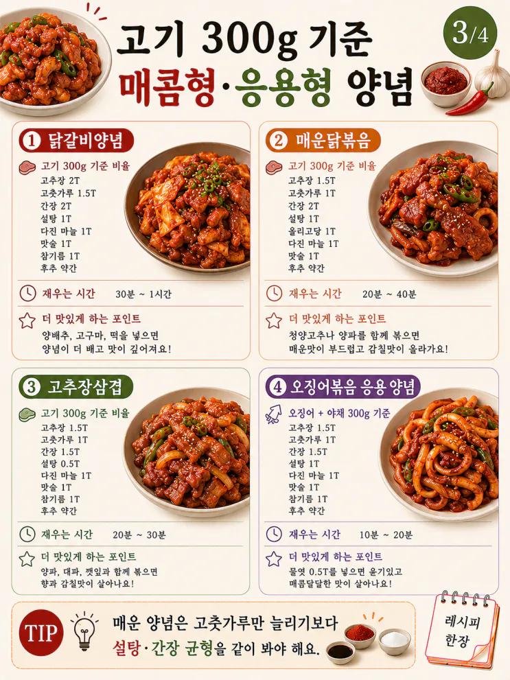 고기 양념 황금레시피 10가지 — 300g 기준, 제육·불고기·닭갈비 한 번에(저장)