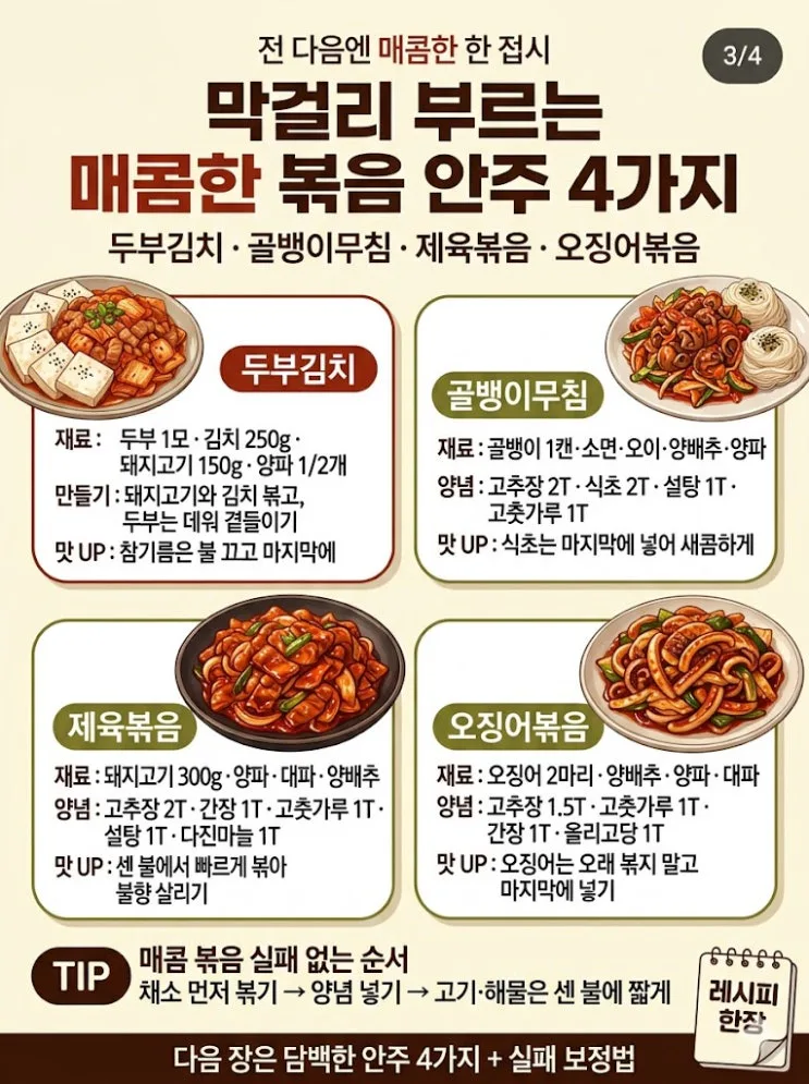 비 오는 날 막걸리 안주 12가지 — 전·볶음·두부 한 상 완성 공식