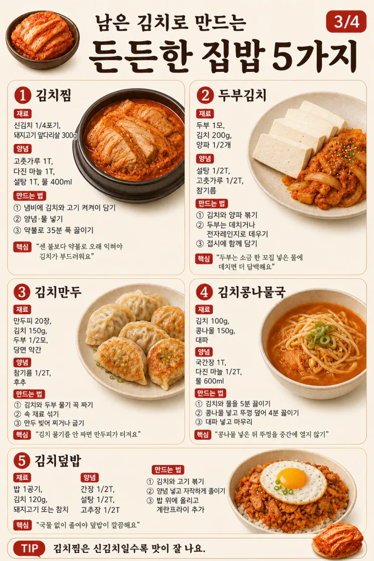 김치 애매하게 남았을 때 만드는 메뉴 15가지 (신김치도 살리는)