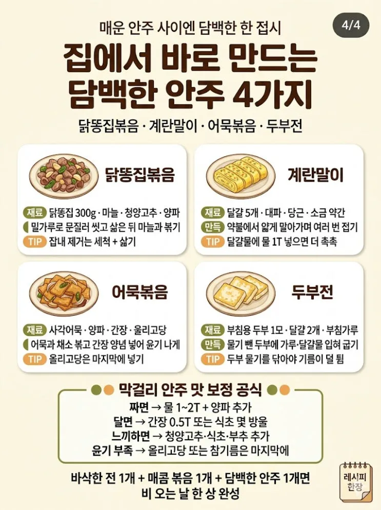 비 오는 날 막걸리 안주 12가지 — 전·볶음·두부 한 상 완성 공식