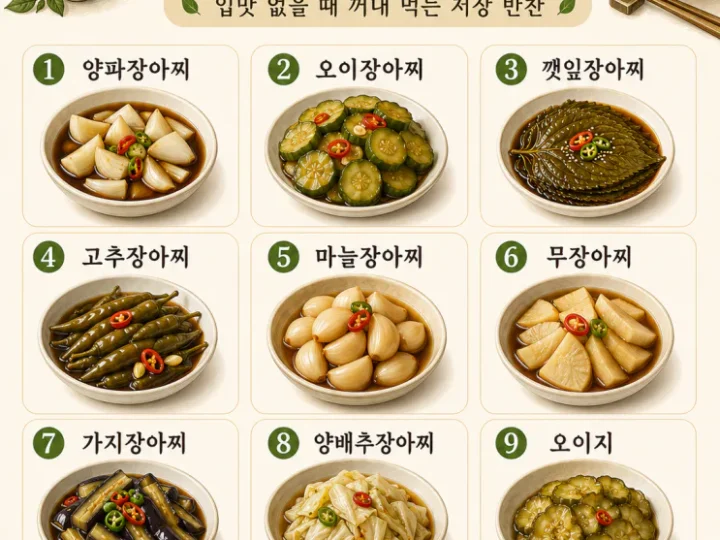 밥에 비벼 먹기 좋은 “여름 장아찌 9가지” (기본 간장물 한 줄)