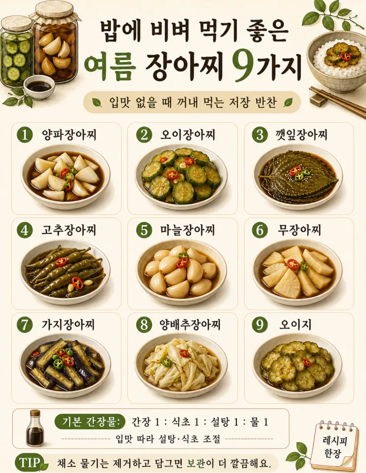 밥에 비벼 먹기 좋은 “여름 장아찌 9가지” (기본 간장물 한 줄)