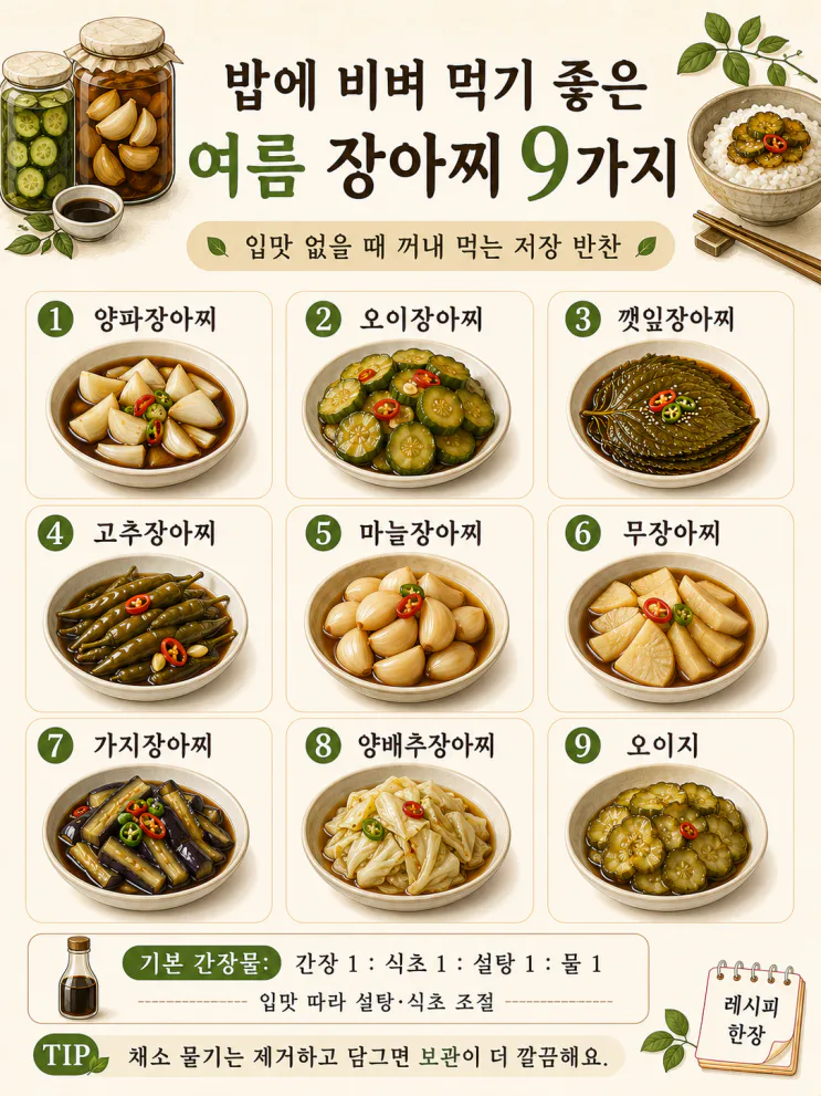 밥에 비벼 먹기 좋은 "여름 장아찌 9가지" (기본 간장물 한 줄)
