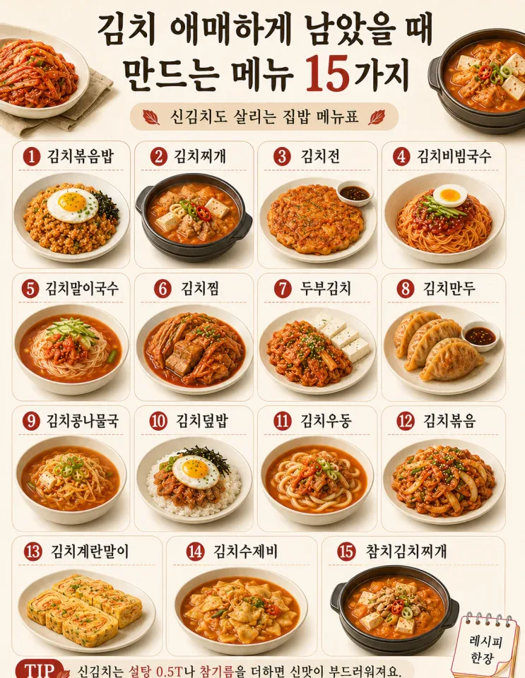 김치 애매하게 남았을 때 만드는 메뉴 15가지 (신김치도 살리는)