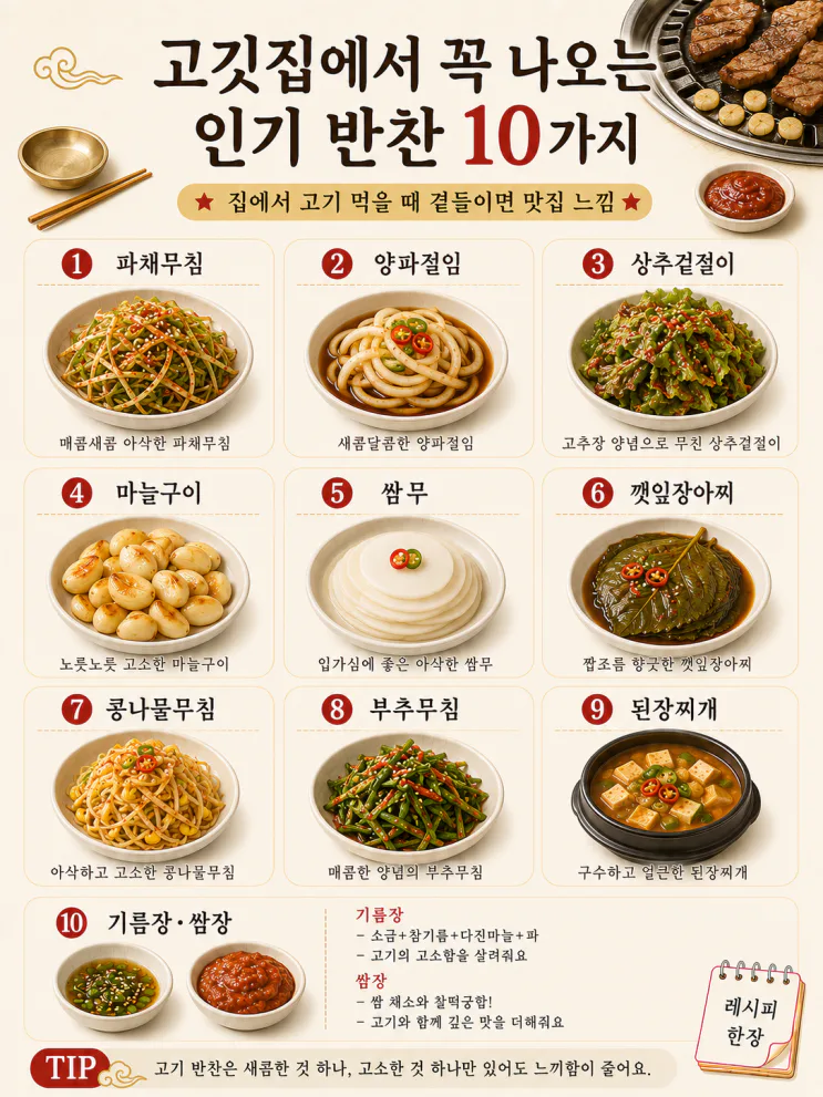고깃집에서 꼭 나오는 인기 반찬 10가지 (집에서 맛집 느낌)