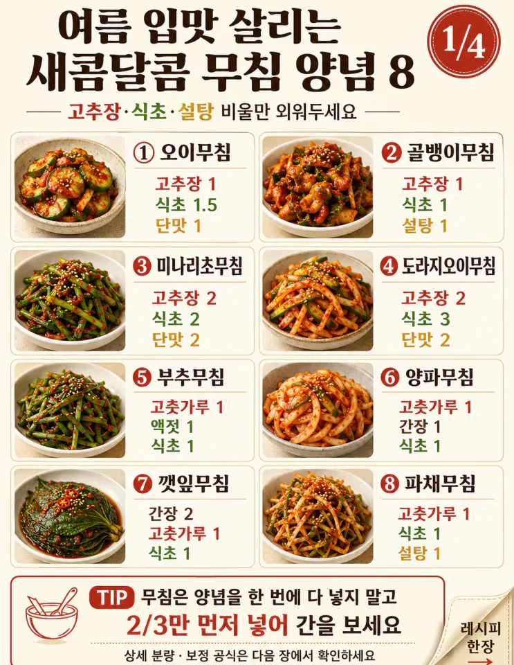 무침 양념 황금비율 8가지, 고추장·식초·설탕만 외우면 끝 (저장용)