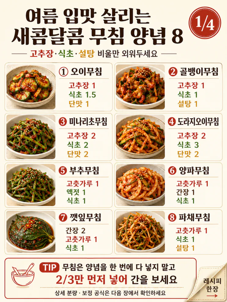 무침 양념 황금비율 8가지, 고추장·식초·설탕만 외우면 끝 (저장용)