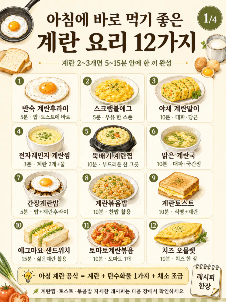 아침 계란 요리 12가지, 계란 2개면 5분 한 끼 (저장용)