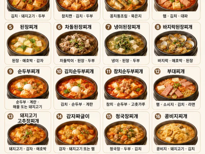한국인 대표 찌개 종류 20가지, 오늘 뭐 끓일지 이 표면 끝(저장용)