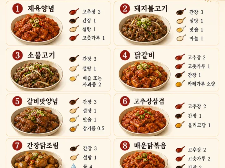 고기 양념 황금레시피 10가지 — 300g 기준, 제육·불고기·닭갈비 한 번에(저장)