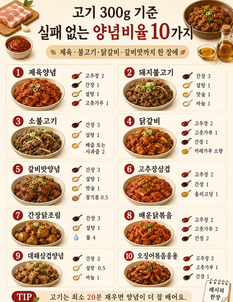 고기 양념 황금레시피 10가지 — 300g 기준, 제육·불고기·닭갈비 한 번에(저장)