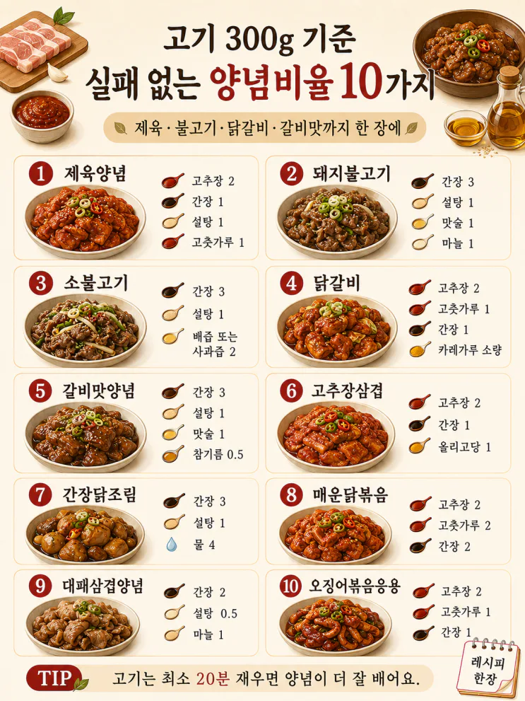 고기 양념 황금레시피 10가지 — 300g 기준, 제육·불고기·닭갈비 한 번에(저장)