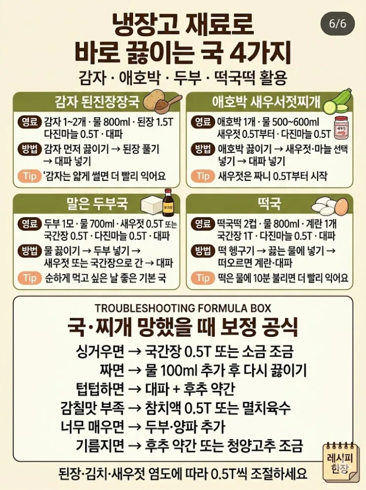 집에서 바로 끓이는 대표 국거리 20가지 — 맑은국부터 찌개까지 비율 한 번에