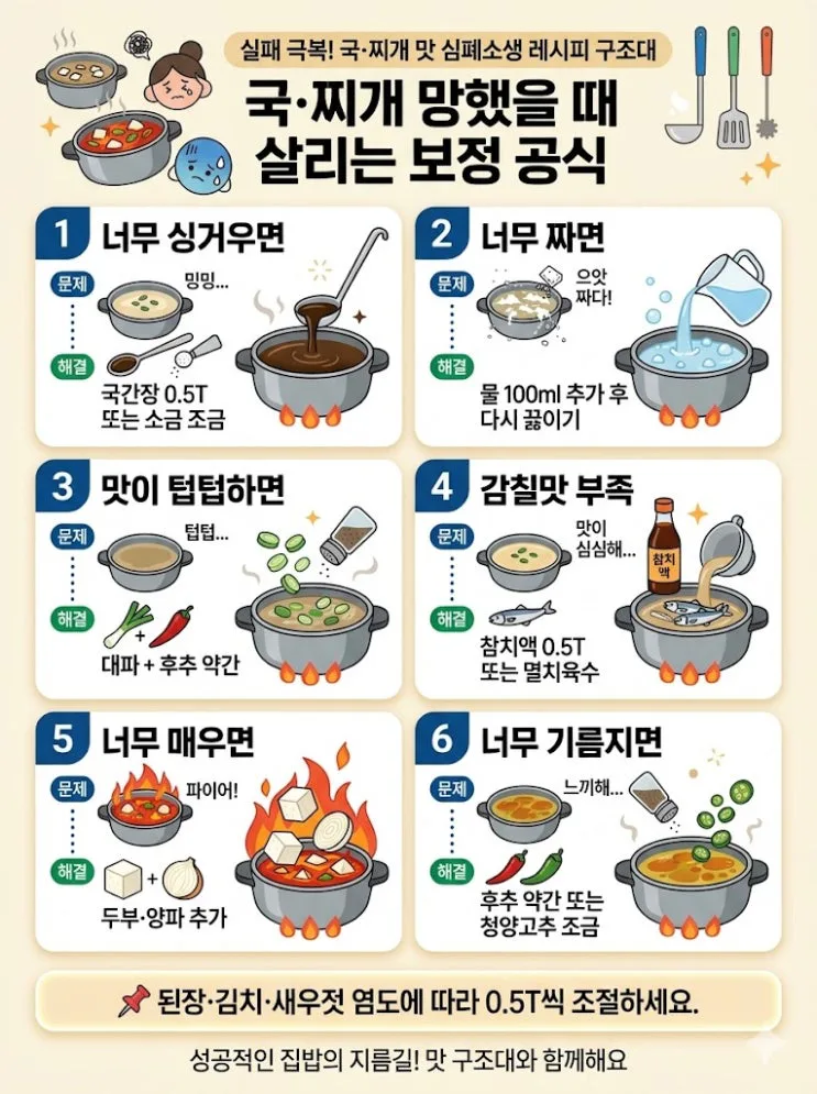 집에서 바로 끓이는 대표 국거리 20가지 — 맑은국부터 찌개까지 비율 한 번에