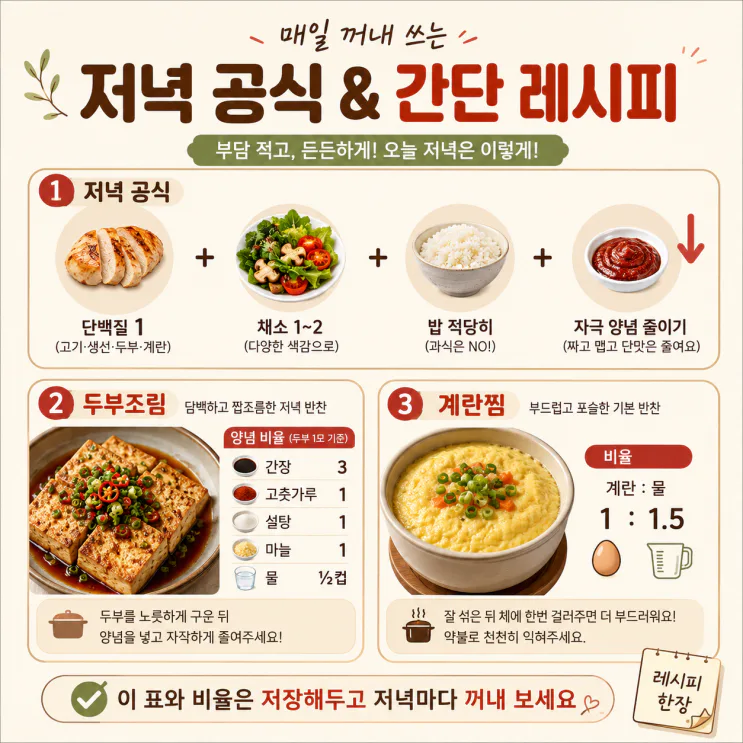 40대이후 저녁 밥상 10가지, 두부조림·계란찜 황금비율까지 (저장용)