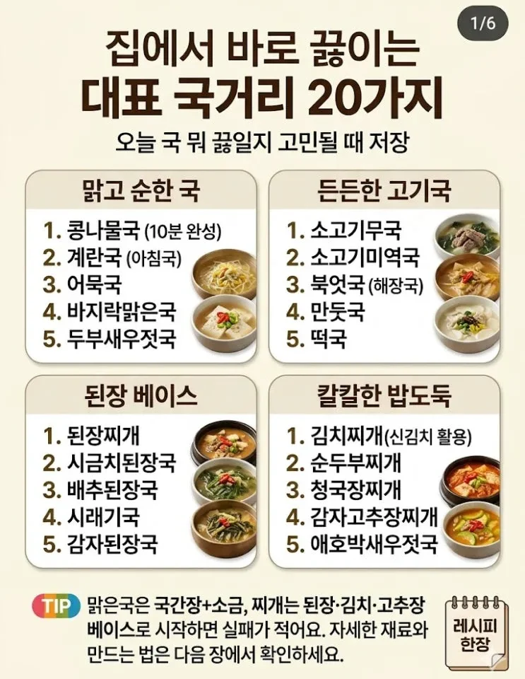 집에서 바로 끓이는 대표 국거리 20가지 — 맑은국부터 찌개까지 비율 한 번에