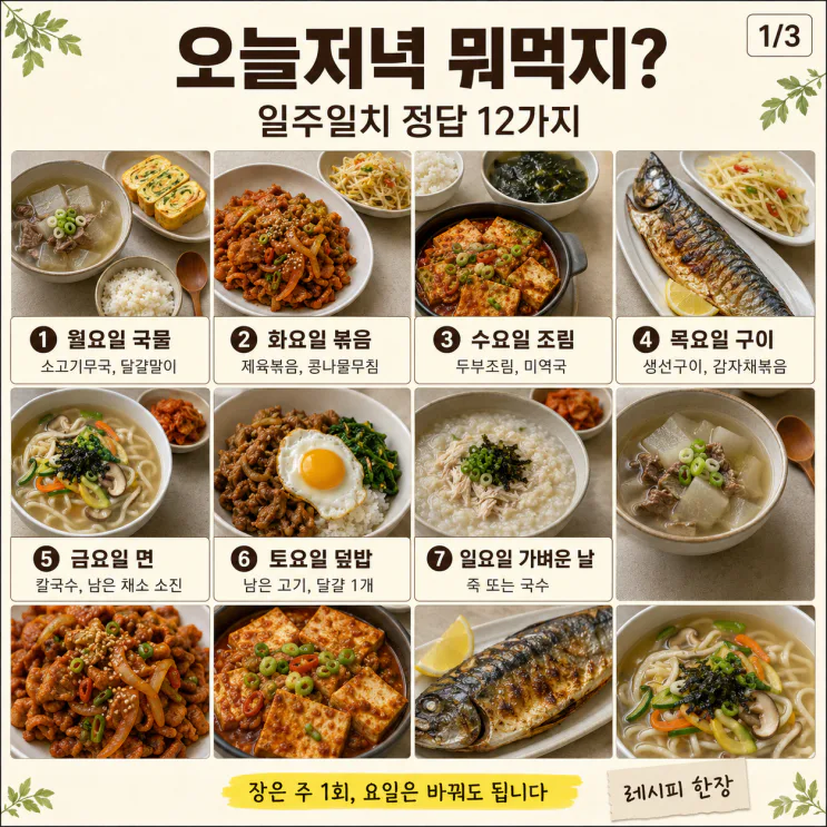 오늘 저녁 뭐 먹지? 일주일치 정답 12가지