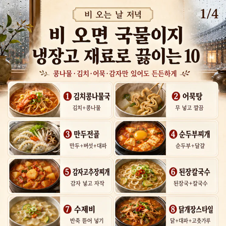 비 오는 날 국물요리 10가지 — 냉장고 재료로 끓이는 저녁 한 냄비