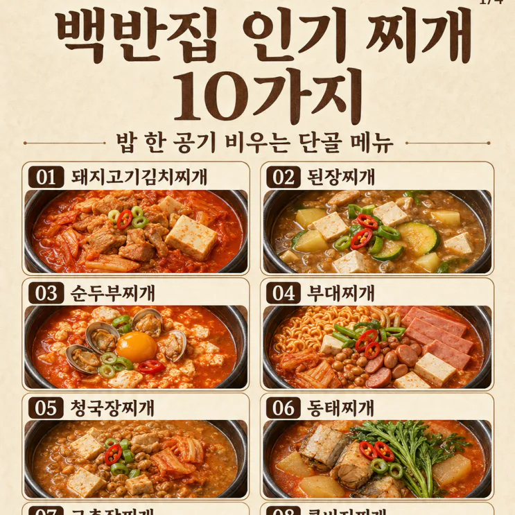 백반집 인기 찌개 10가지 — 밥 한 공기 비우는 단골 메뉴