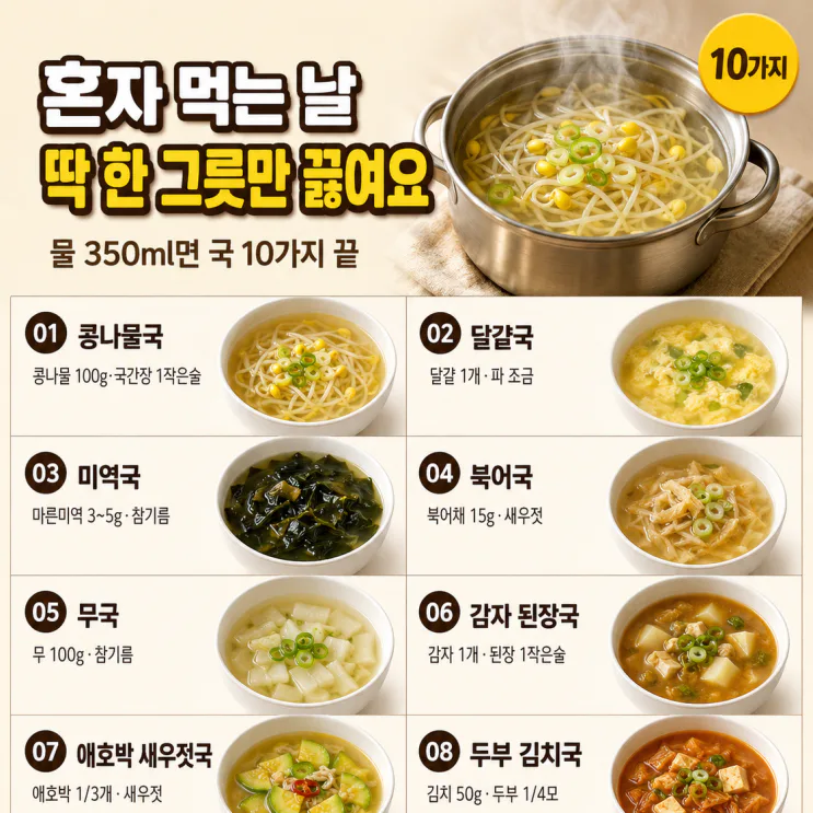 1인분 국 끓이는 법, 남기지 않고 딱 한 그릇 10가지