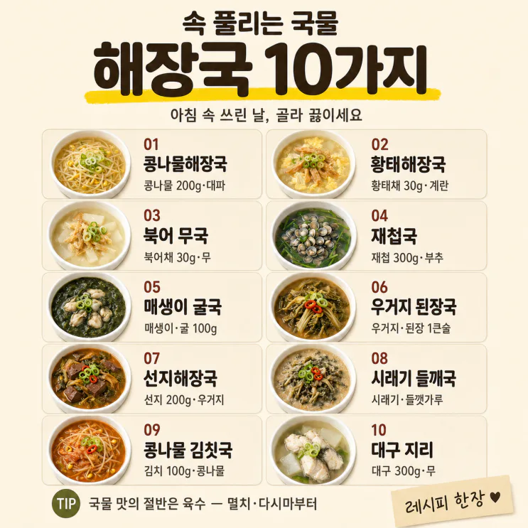 해장국 종류 10가지, 속 풀리는 국물 골라 끓이는 법