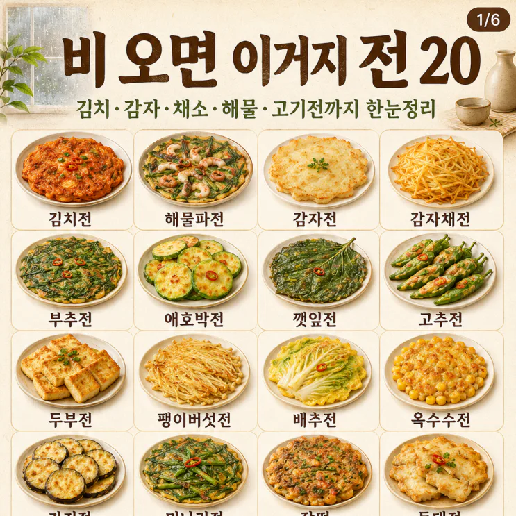 비 오는 날 전 종류 — 바삭한 김치전부터 육전까지 20가지 레시피