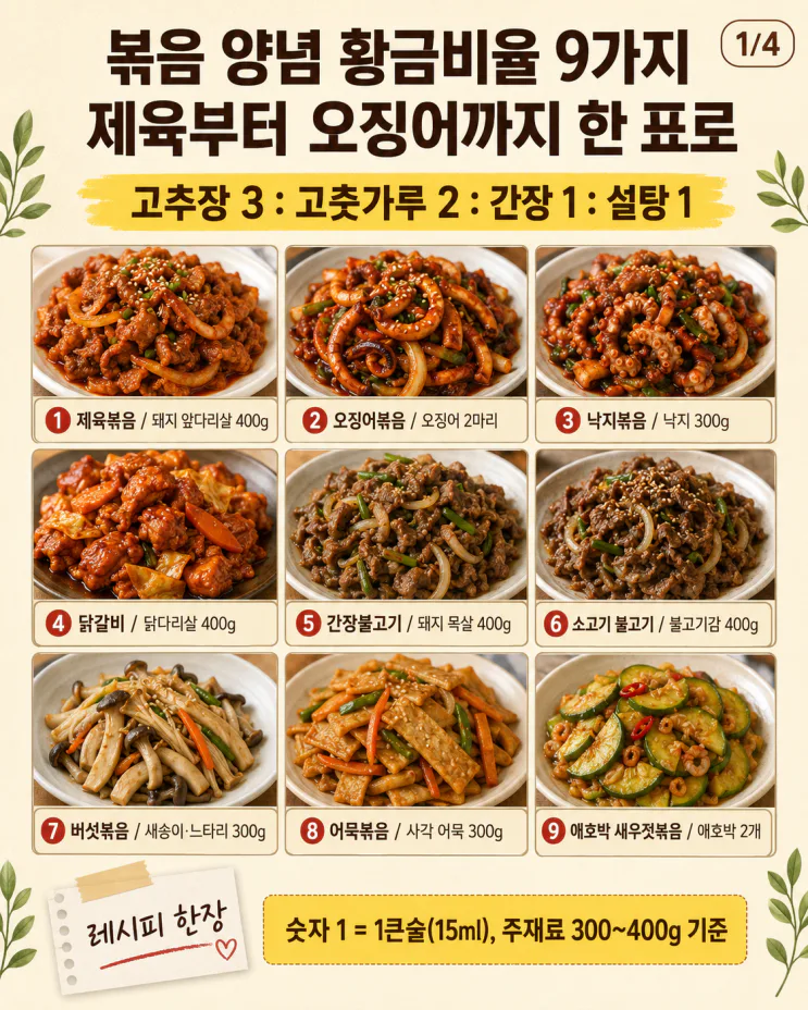 볶음 양념 황금비율 9가지, 제육부터 오징어까지 한 표로