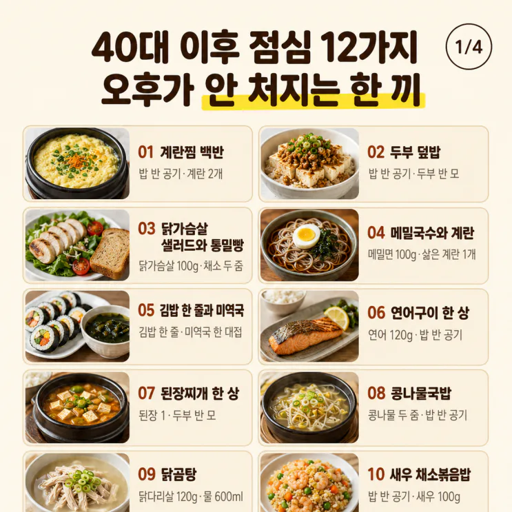 40대 이후 점심 12가지, 오후가 안 처지는 한 끼