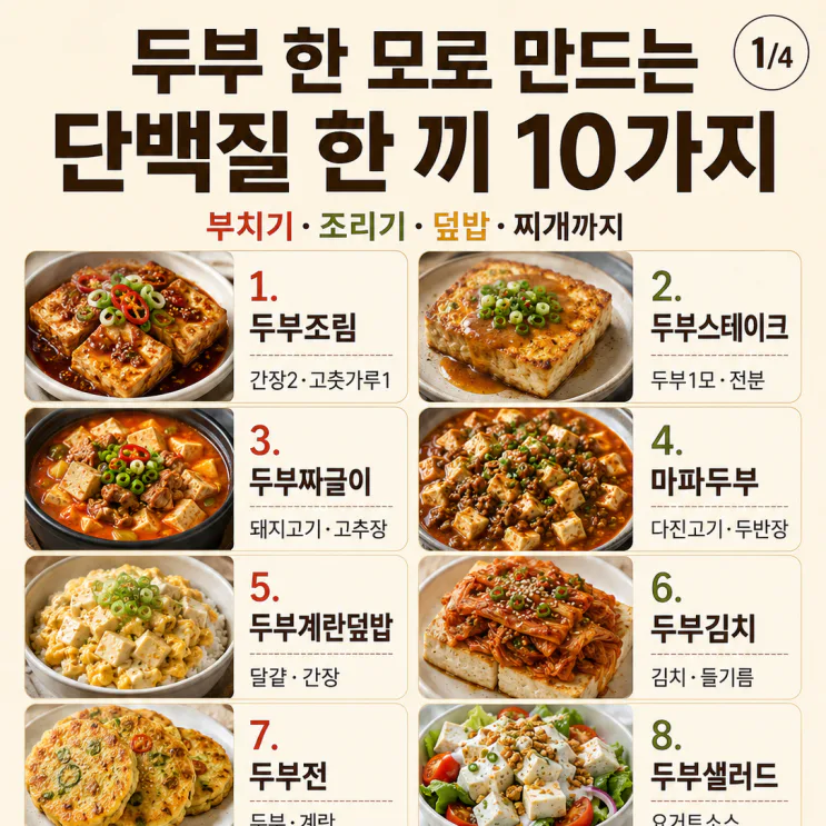 두부 한 모로 만드는 단백질 한 끼 10가지 — 부치고 조리고 덮밥까지