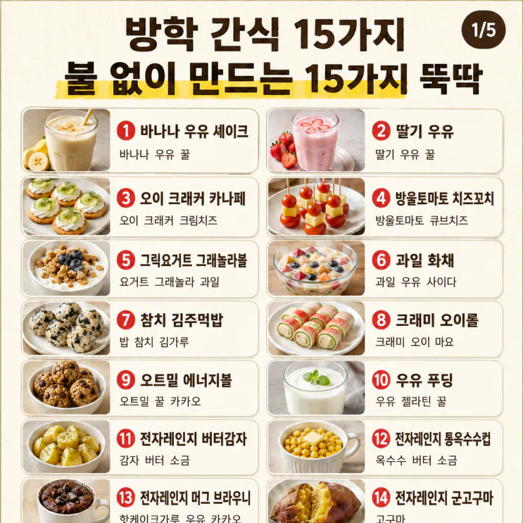 방학 간식, 불 없이 만드는 15가지
