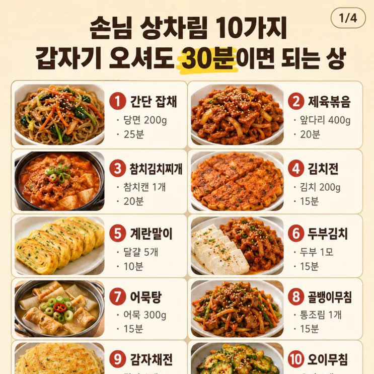 손님 상차림 10가지, 갑자기 오셔도 30분이면 되는 상