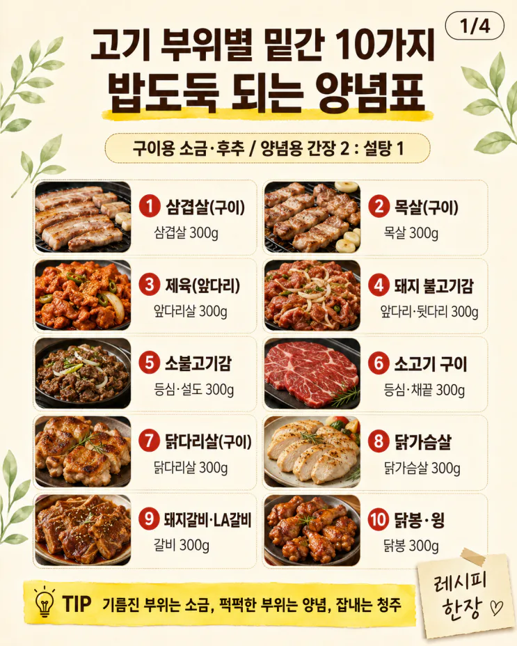 고기 부위별 밑간 10가지, 밥도둑 되는 양념표