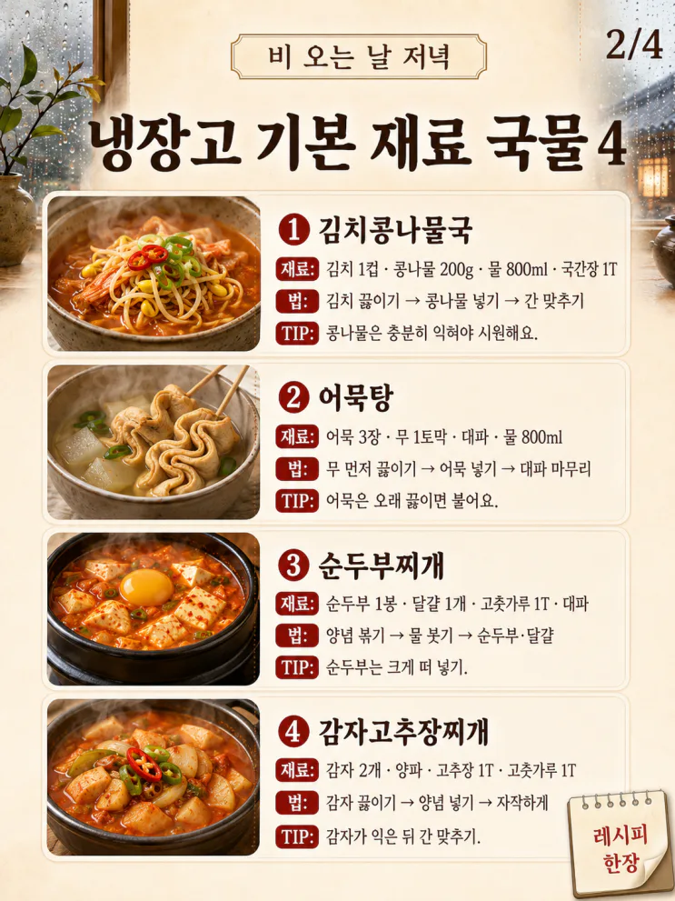 비 오는 날 국물요리 10가지 — 냉장고 재료로 끓이는 저녁 한 냄비