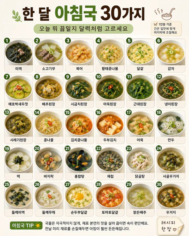 한 달 아침국 30가지 — 오늘 뭐 끓일지 달력처럼 고르세요