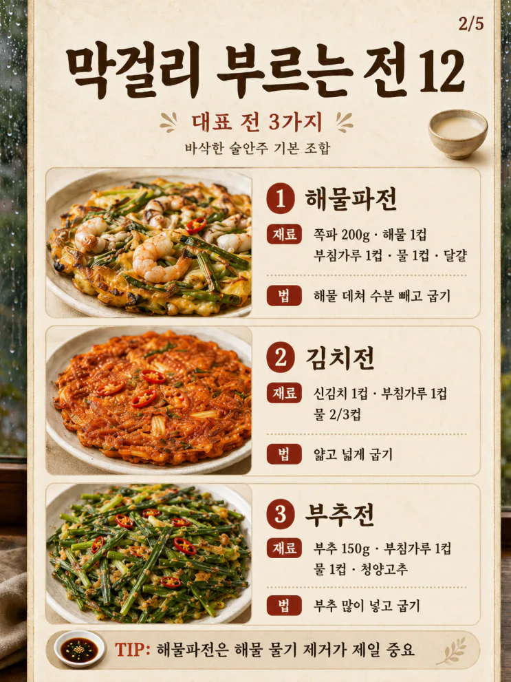 막걸리 부르는 전 12가지, 비 오는 날 술안주로 좋은 바삭한 전