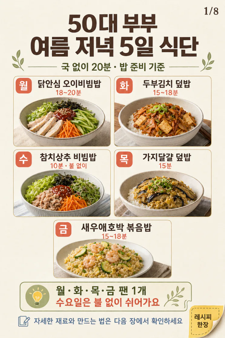 50대 부부 여름 저녁 5일 식단, 국 없이 20분 안에 차리는 집밥