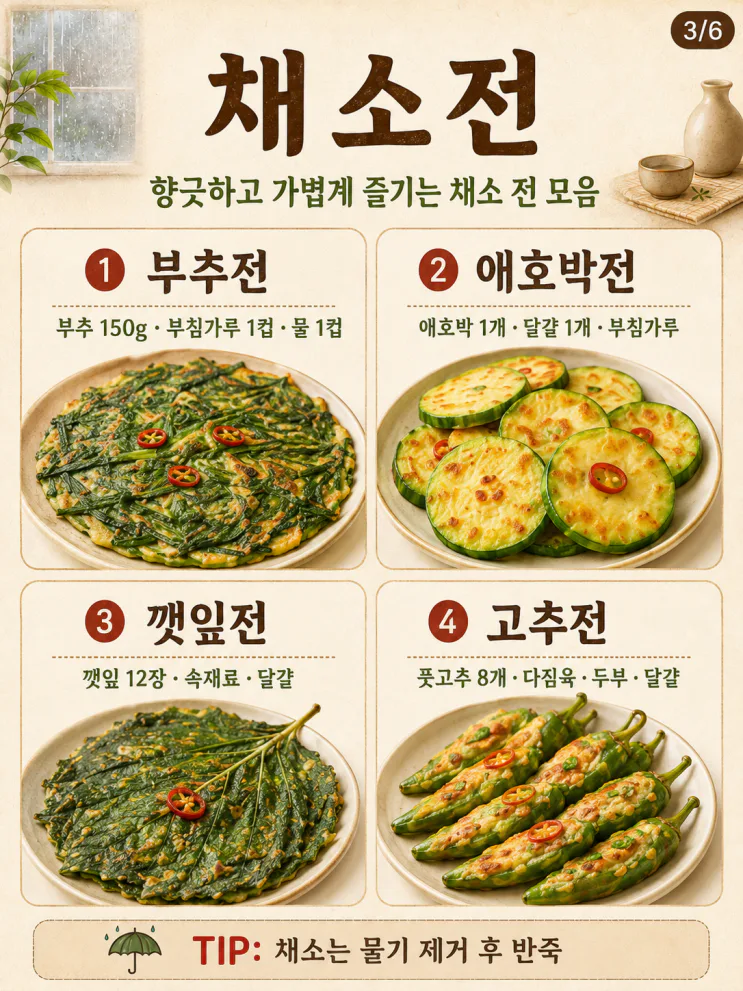 비 오는 날 전 종류 — 바삭한 김치전부터 육전까지 20가지 레시피