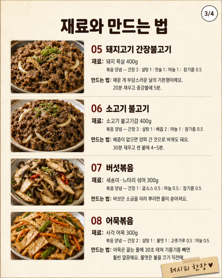 볶음 양념 황금비율 9가지, 제육부터 오징어까지 한 표로