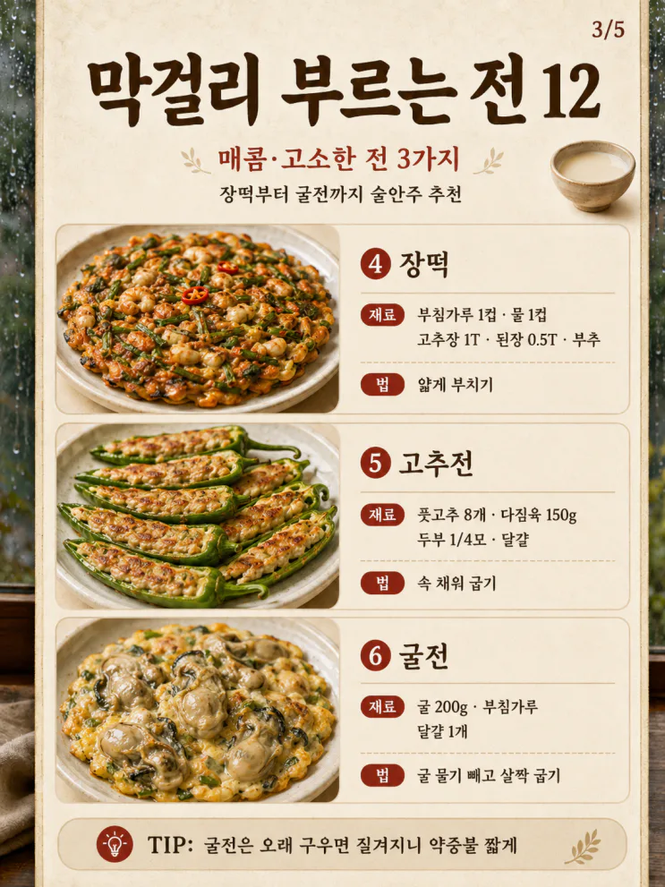 막걸리 부르는 전 12가지, 비 오는 날 술안주로 좋은 바삭한 전